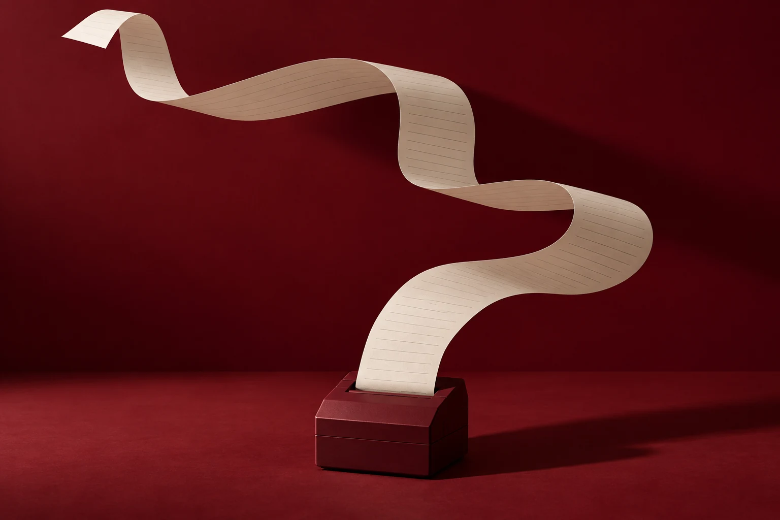 A sculptural paper receipt unfurling against a deep red backdrop